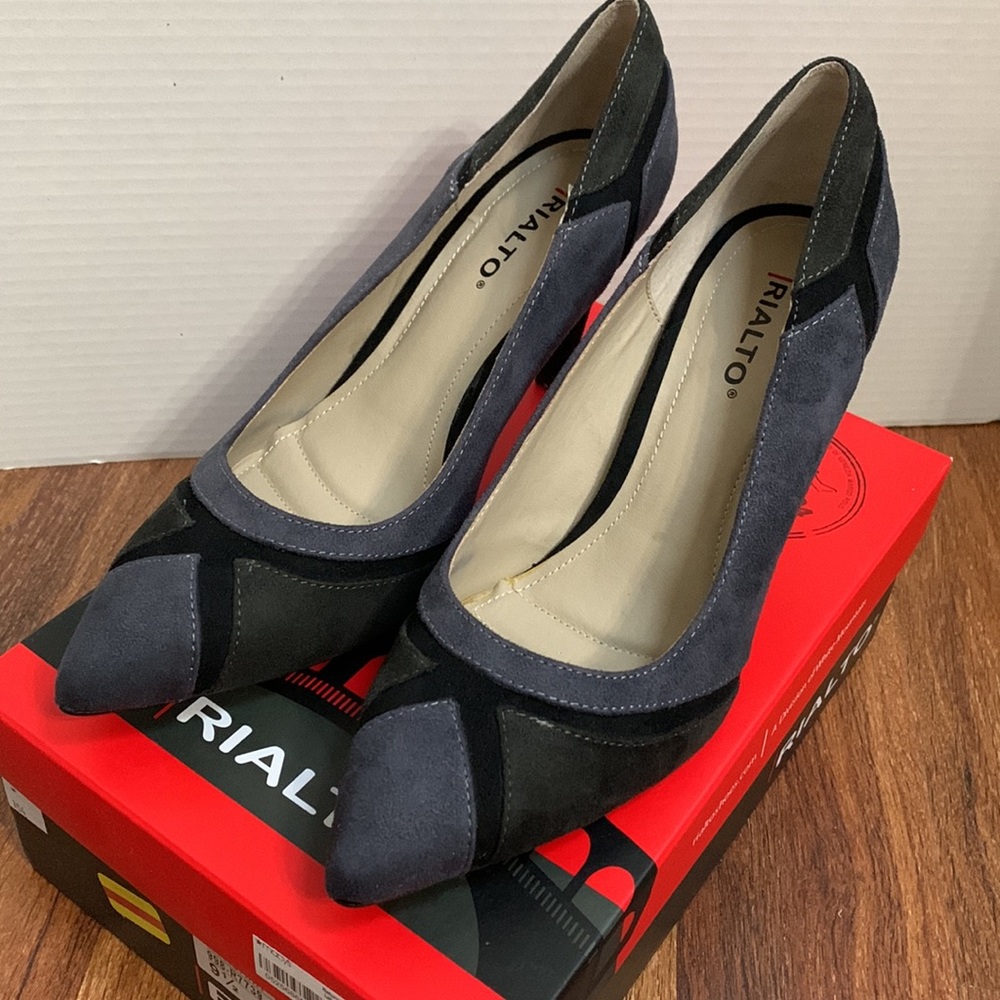 Rialto Multi Grey-Black geometric color block Faux Suede 4” heels sz 9.5 - Picture 9 of 9
